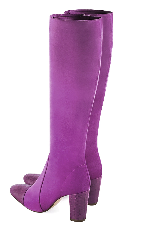 Mauve purple women's feminine knee-high boots. Round toe. High block heels. Made to measure. Rear view - Florence KOOIJMAN